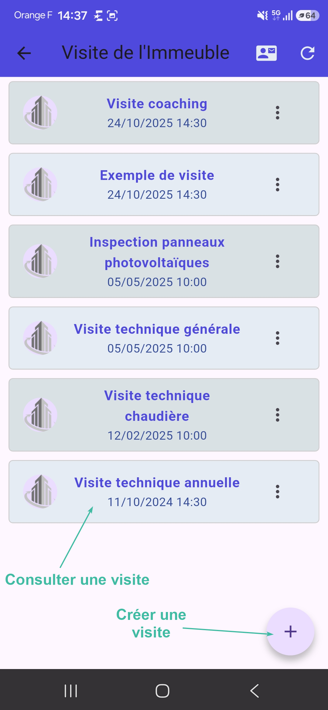Liste des visites techniques sur la copropriété sélectionnée Tutoriel logiciel immobilier pour syndics et administrateurs de biens
